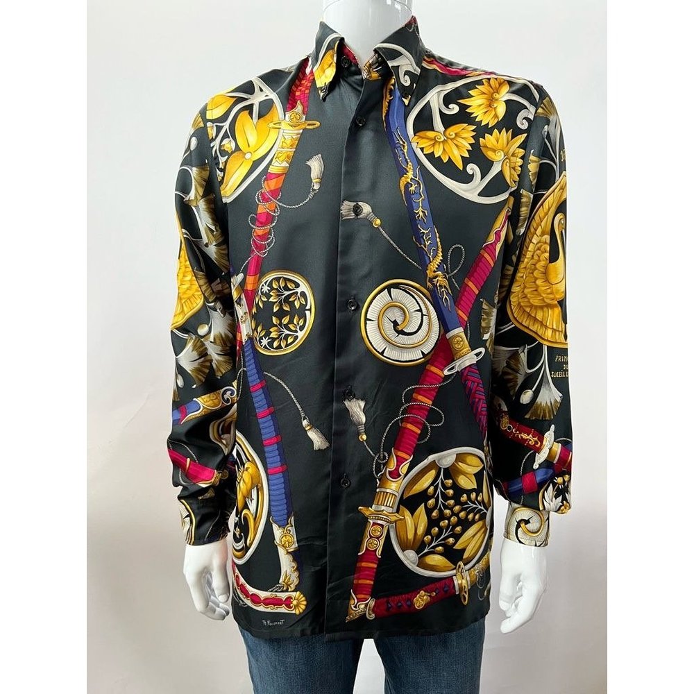 Vintage Hermes Mens Button Down Shirt Black Yellow Floral Silk Eur 38 US S/M